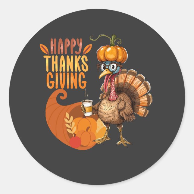 Thanksgiving Turkey with Pumpkin Hat Classic Round Sticker (Front)