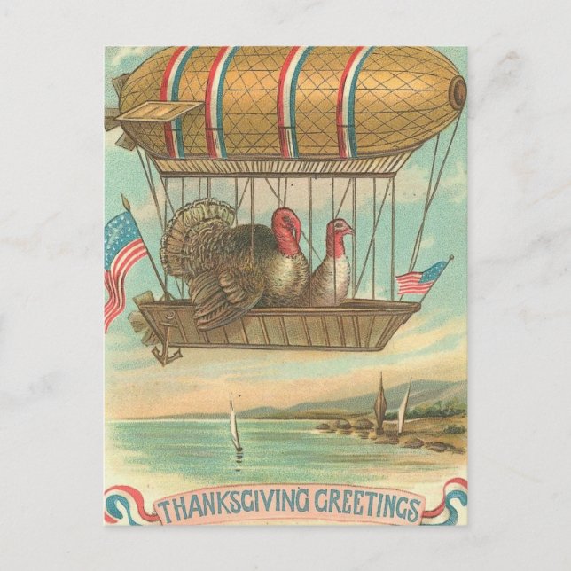 Thanksgiving Turkeys in a Blimp Holiday Postcard (Front)