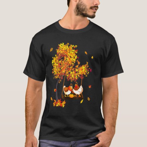 Thanksgiving Two Chickens Wearing Hat Fall Tree Fa T-Shirt