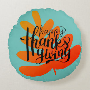 Thanksgiving Typography With Fall Leaf Round Pillow