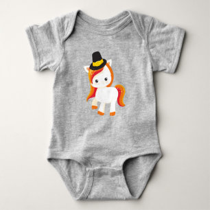 Thanksgiving Unicorn, Cute Unicorn, Pilgrim Hat Baby Bodysuit