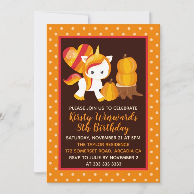 Thanksgiving Unicorn Pumpkin Birthday Invitation (Front)