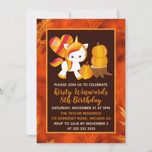 Thanksgiving Unicorn Pumpkin Birthday Invitation