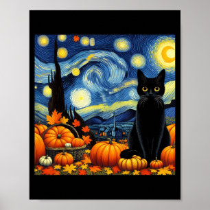 Thanksgiving Van Gogh Starry Night Black Cat Pumpk Poster