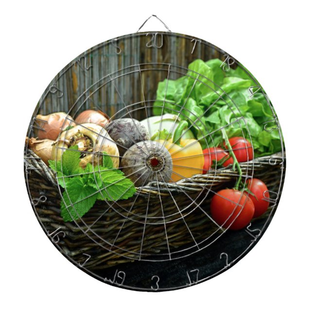 Thanksgiving Vegetable Harvest in a Basket Dartboard With Darts (Front)