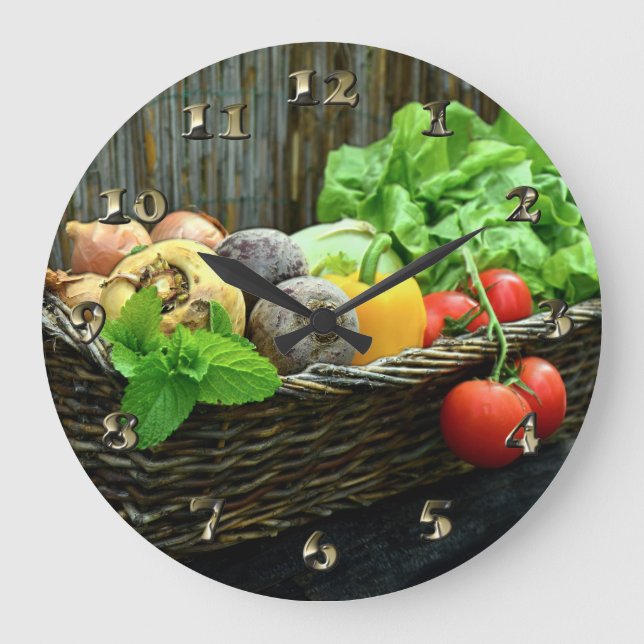Thanksgiving Vegetable Harvest in a Basket Large Clock (Front)