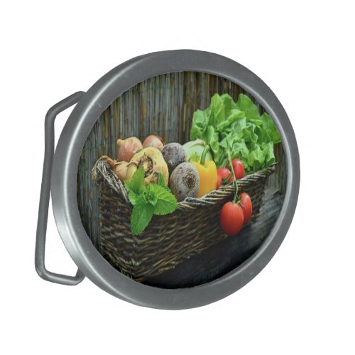 Thanksgiving Vegetable Harvest in a Basket Oval Belt Buckle