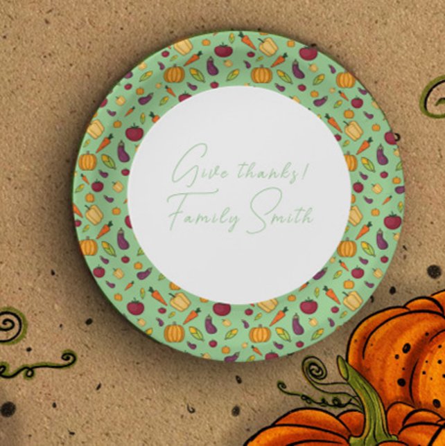 Thanksgiving  vegetables pattern green custom paper plates (Creator Uploaded)