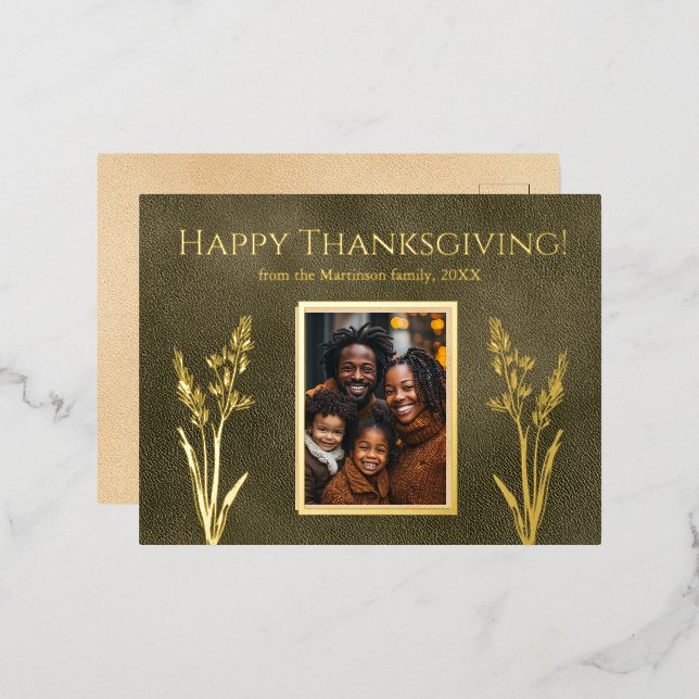  Thanksgiving Vertical Family Photo Green Foil Holiday Postcard (Front/Back)
