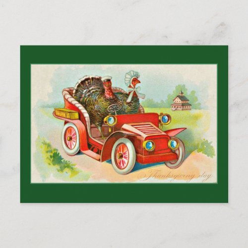 thanksgiving_vintage_2_turkeys_driving_old_car holiday postcard