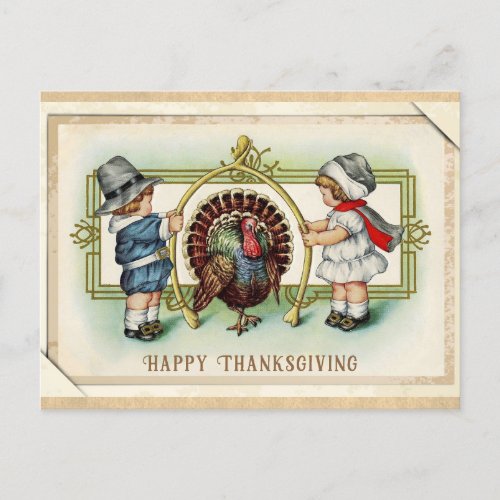 Thanksgiving Vintage Cute Kids Turkey Wishbone Postcard