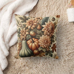 Thanksgiving Vintage Floral Pumpkin Throw Pillow