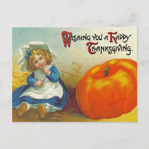 Thanksgiving vintage girl with pumpkin holiday postcard