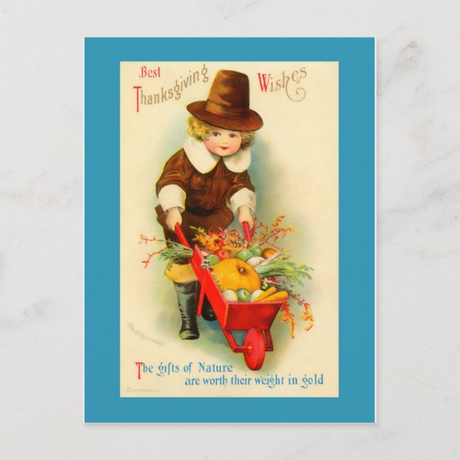 Thanksgiving Vintage Pilgrim Boy & Wheelbarrow Holiday Postcard (Front)