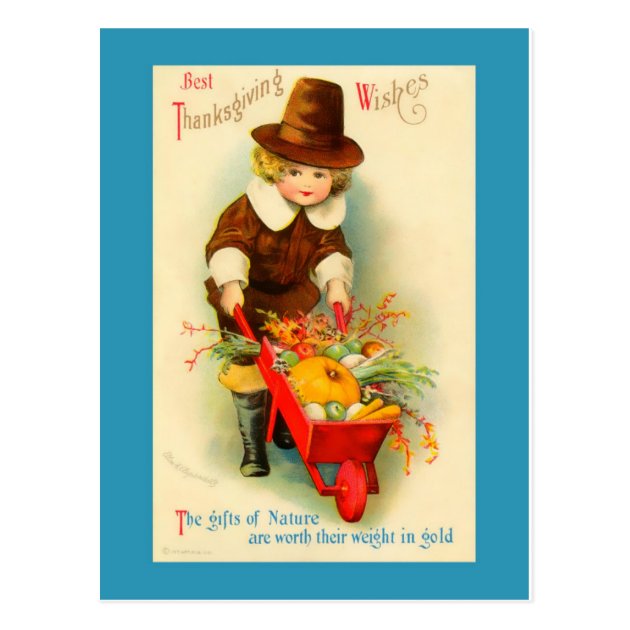 Thanksgiving Vintage Pilgrim Boy & Wheelbarrow Postcard
