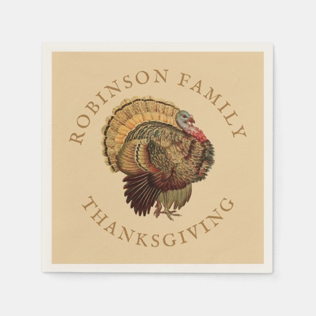 Thanksgiving Vintage Turkey Custom Family Name Napkins (Front)