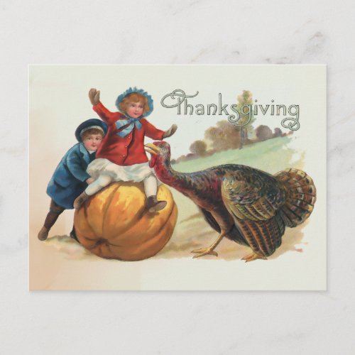 Thanksgiving Vintage turkey Pumpkin Kids Postcard