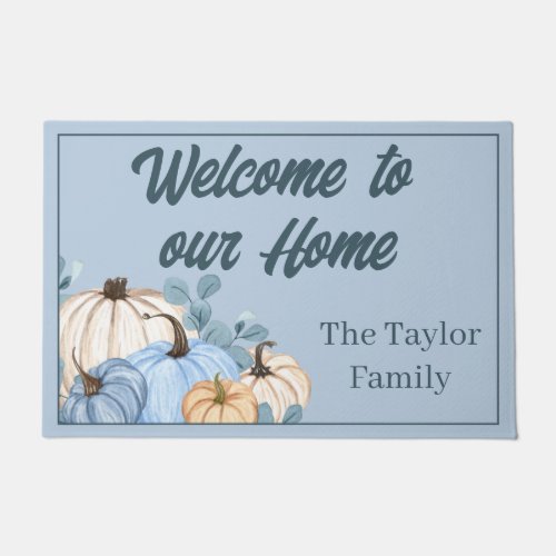 Thanksgiving Watercolor Blue Pumpkin Patch Doormat