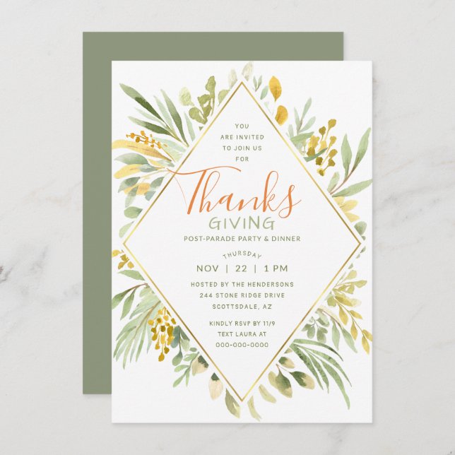 Thanksgiving Watercolor Elegant Greenery Invitation (Front/Back)