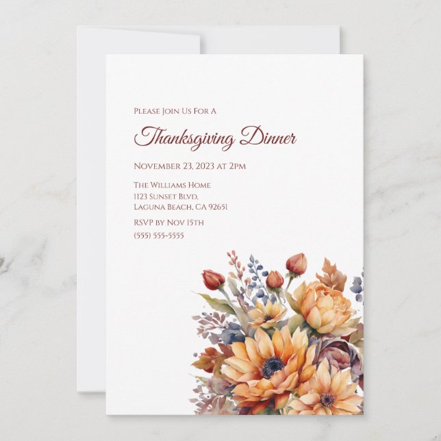 Thanksgiving-Watercolor Fall Flowers- Invitation (Front)