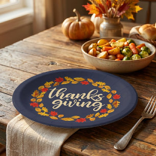 Thanksgiving Watercolor Fall Leaf Wreath Paper Plates