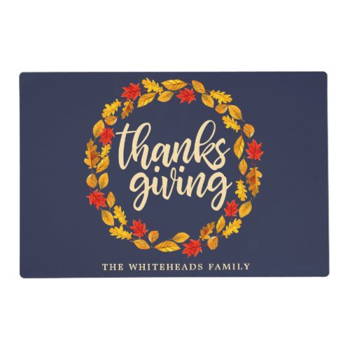 Thanksgiving Watercolor Fall Leaf Wreath Placemat