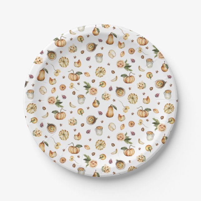 Thanksgiving Watercolor Fall Pumpkin Foods Paper Plates (Front)