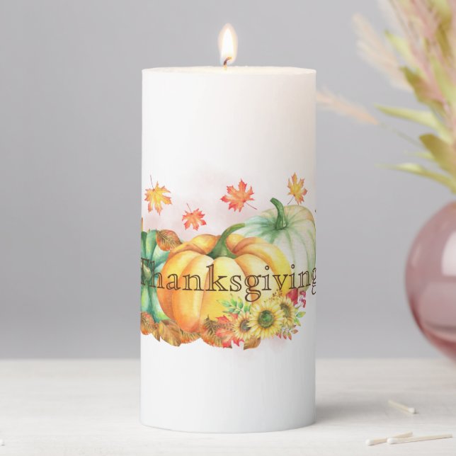 Thanksgiving Watercolor Fall Pumpkins Leaf Pillar Candle (In Situ)