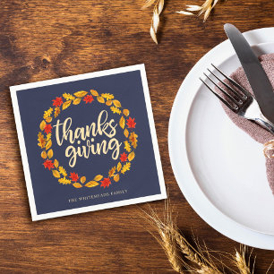 Thanksgiving Watercolor Fall Wreath Navy Blue Napkins