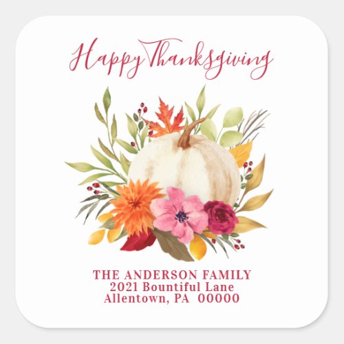 THANKSGIVING WATERCOLOR FLORAL PUMPKIN ADDRESS SQUARE STICKER