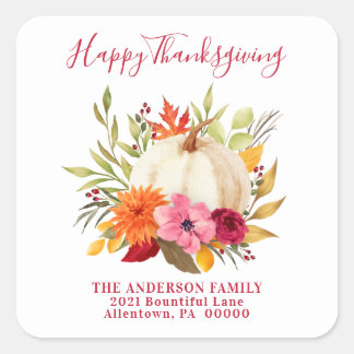 THANKSGIVING WATERCOLOR FLORAL PUMPKIN ADDRESS SQUARE STICKER