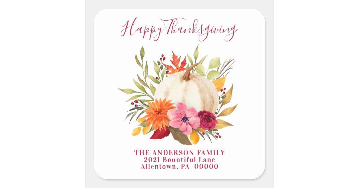 THANKSGIVING WATERCOLOR FLORAL PUMPKIN ADDRESS SQUARE STICKER | Zazzle