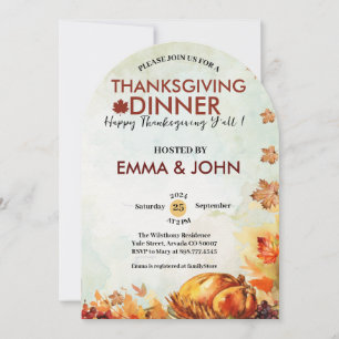 Thanksgiving Watercolor Leaves Fall Autumn Turkey Invitation