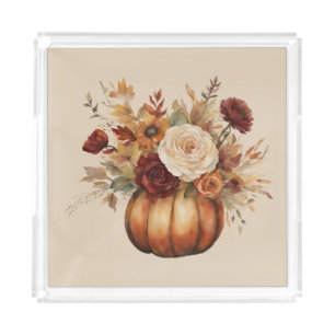 Thanksgiving-Watercolor Pumpkin and Flowers- Acrylic Tray