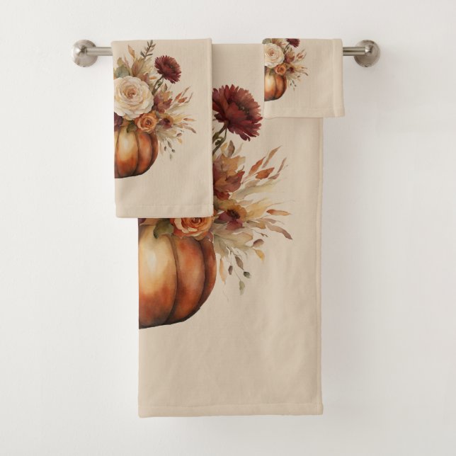 Thanksgiving-Watercolor Pumpkin and Flowers Bath Towel Set (Insitu)