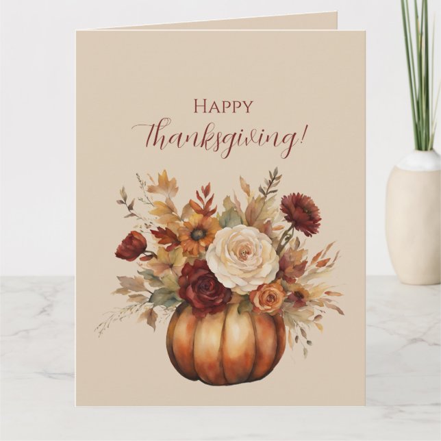 Thanksgiving-Watercolor Pumpkin and Flowers- Card (Front)