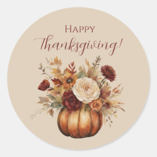 Thanksgiving-Watercolor Pumpkin and Flowers- Classic Round Sticker