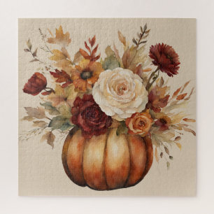 Thanksgiving-Watercolor Pumpkin and Flowers- Jigsaw Puzzle