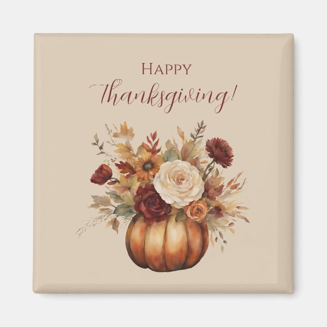 Thanksgiving-Watercolor Pumpkin and Flowers- Magnet (Front)