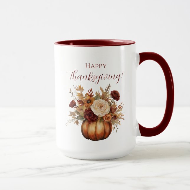 Thanksgiving-Watercolor Pumpkin and Flowers- Mug (Right)