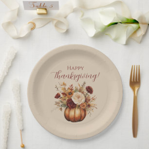 Thanksgiving-Watercolor Pumpkin and Flowers- Paper Plates