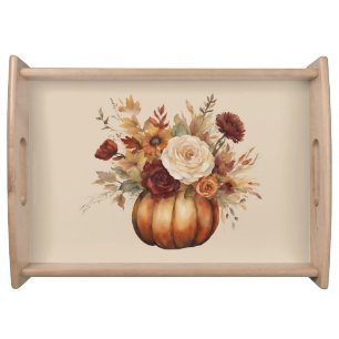Thanksgiving-Watercolor Pumpkin and Flowers- Serving Tray