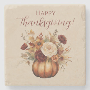 Thanksgiving-Watercolor Pumpkin and Flowers- Stone Coaster