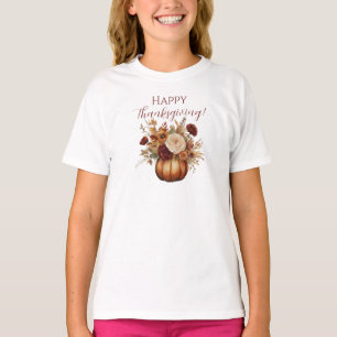 Thanksgiving-Watercolor Pumpkin and Flowers- T-Shirt