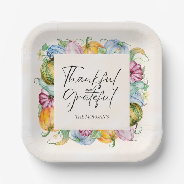 Thanksgiving Watercolor Pumpkin and leaves  Paper Plates (Front)