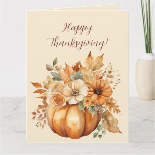 Thanksgiving-Watercolor Pumpkin Floral Design- Card