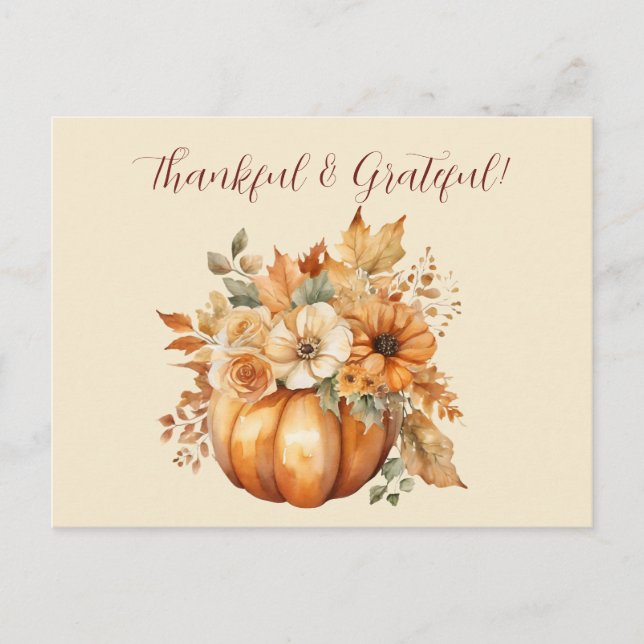 Thanksgiving-Watercolor Pumpkin Floral Design- Postcard (Front)