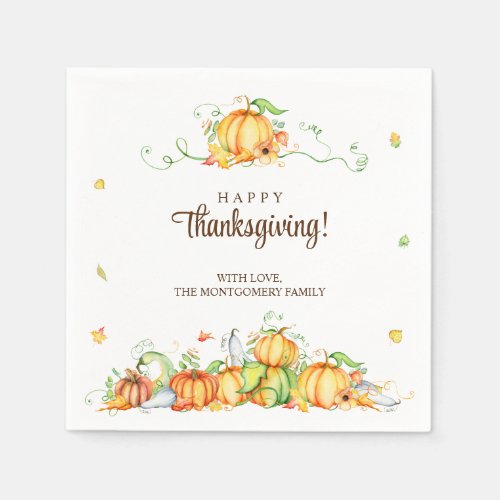 Thanksgiving Watercolor Pumpkin Vines Party Napkins