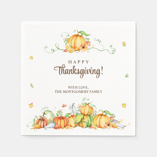 Thanksgiving Watercolor Pumpkin Vines Party Napkins (Front)
