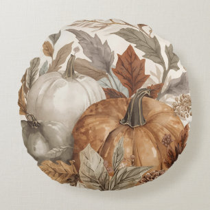 Thanksgiving,Watercolor Pumpkins and Leafs Pattern Round Pillow